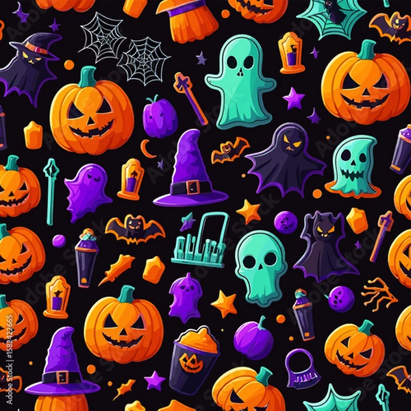 Fototapeta Colorful Halloween Pattern with Pumpkins, Ghosts, and Spooky Elements on a Dark Background