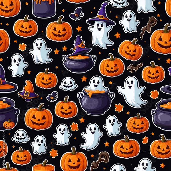 Fototapeta Festive Halloween Pattern with Pumpkins, Ghosts, and Cauldrons on a Dark Background for Seasonal Celebrations and Decorations