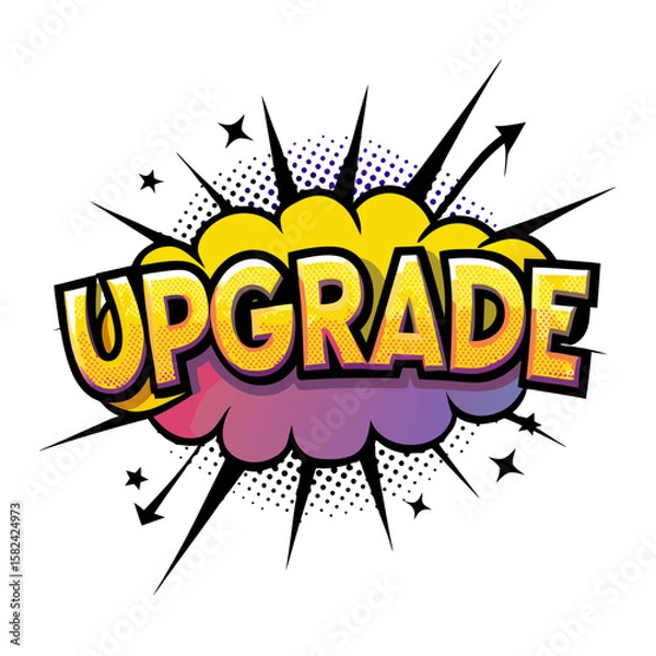 Fototapeta Vibrant comic style "upgrade" graphic with dynamic pop art elements, isolated vector image on transparent background  