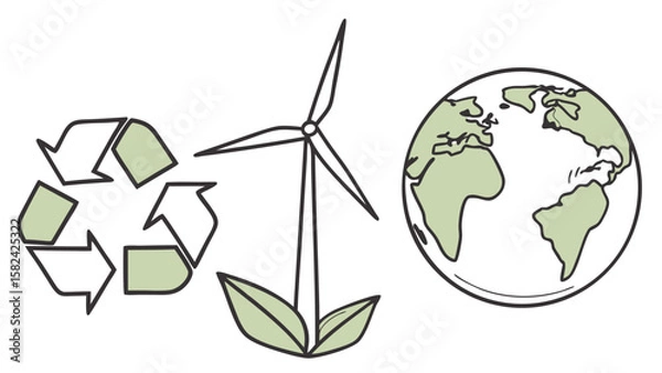 Fototapeta Illustration depicting a recycle symbol, a wind turbine with leaves, and a globe symbolizing earth, all in green