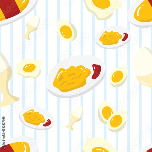 Fototapeta Variety of eggs on a blue and white stripe background. Food seamless pattern for clothing, fabric, wallpaper, backdrop, home decoration, cover book, and wall art.