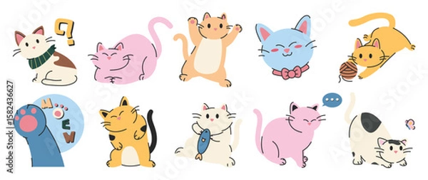 Fototapeta cat sticker vector. Lovely kitten doodle pattern in different poses and breeds. Adorable funny pet and many characters hand drawn collection for T-shirt, sticker, print, pet shop. 
