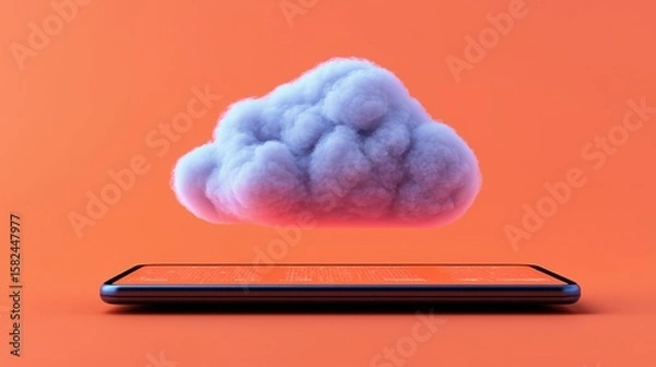 Fototapeta Modern smartphone with floating cloud depicting digital storage concept on vibrant background