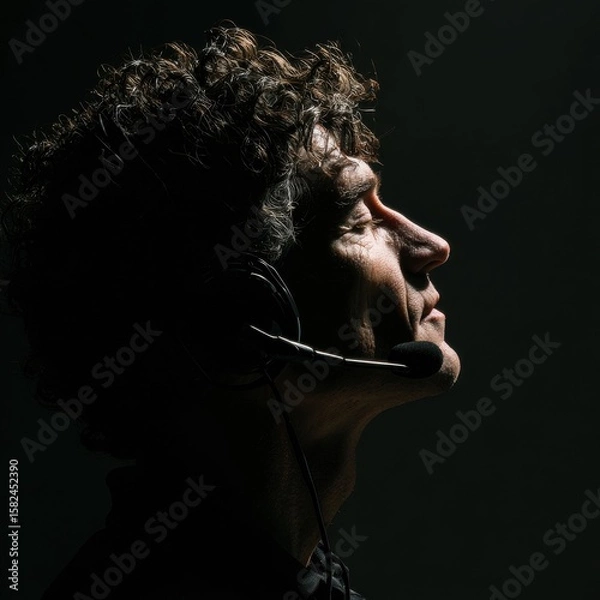 Obraz A man with curly hair, wearing a headset that includes a microphone