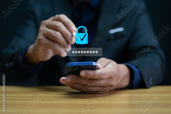 Fototapeta Cyber Security Businessman Entering Password on Smartphone Focus on Data Encryption Internet Privacy Secure Login