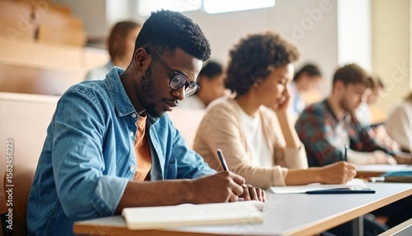 Fototapeta A young black student is taking notes on a notebook during a lesson.