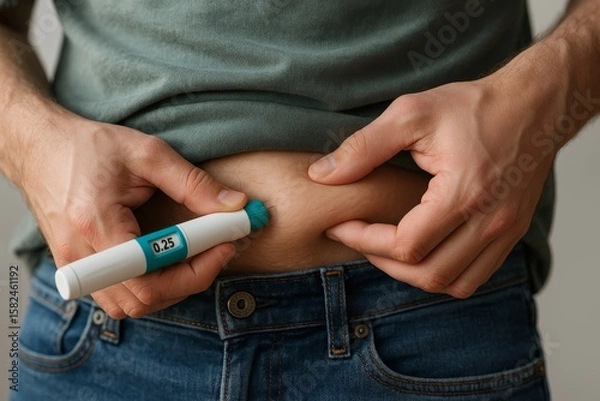 Fototapeta A man self-injects a GLP-1 treatment using an injector pen on his belly. Pen for semaglutide, aiding in weight loss