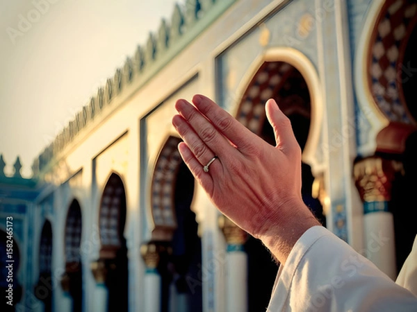 Fototapeta Close up hands of a Muslim man, praying pose hands open to the sky. Isolated against mosque background