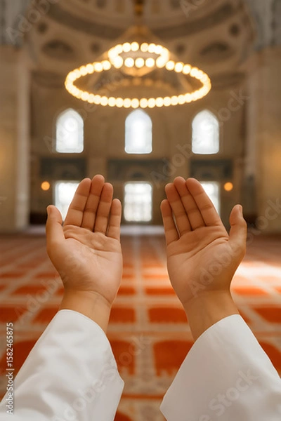 Fototapeta Close up hands of a Muslim man, praying pose hands open to the sky. Isolated against mosque background