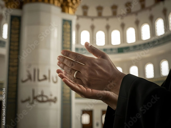 Fototapeta Close up hands of a Muslim man, praying pose hands open to the sky. Isolated against mosque background