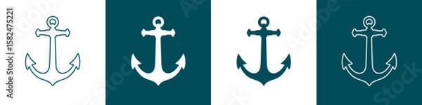 Fototapeta Set of nautical anchor icons in flat and line art stiles. Sea anchor with outline and silhouette of icon design templates. Vector Illustration