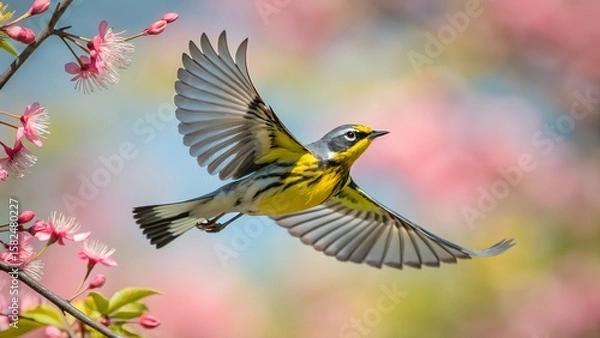 Obraz Magnolia Warbler Flying with Spread Wings and Colorful Blurred Background