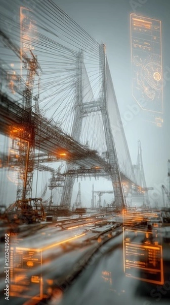 Fototapeta Engineers building futuristic bridge with holographic display
