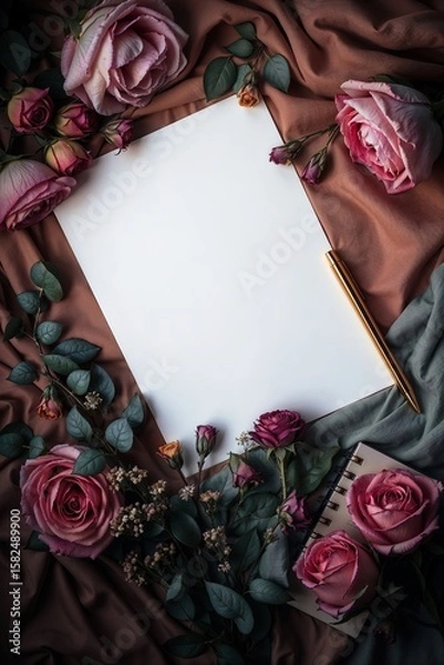Fototapeta A blank piece of paper with a pen on it is surrounded by flowers