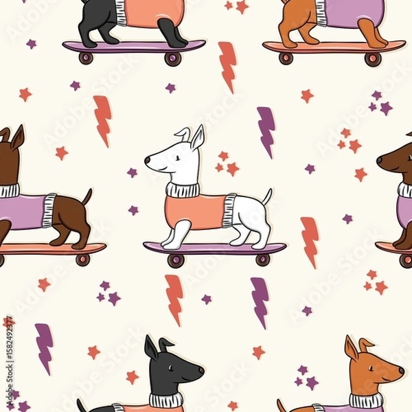Obraz cute skateboarding dogs pattern design