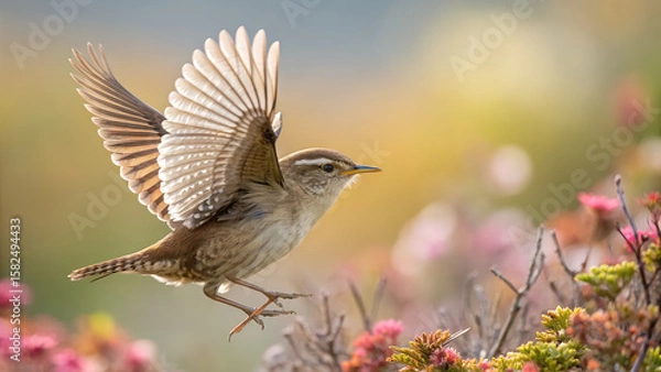 Obraz Wren Flying with Spread Wings and Colorful Blurred Background
