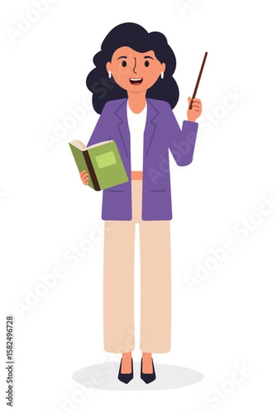 Obraz Teacher holding a book and pointer, smiling while engaging students in a classroom setting.character in flat style isolated on white background.Vector illustration.