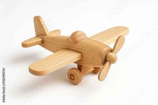 Fototapeta A handcrafted wooden airplane displayed against a plain white surface