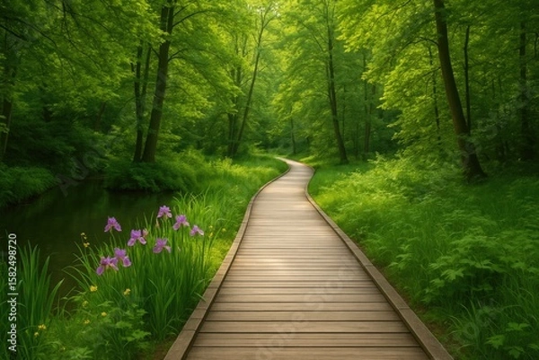 Fototapeta Lush forest scene featuring a wooden walkway in a European park, vertical high-resolution image