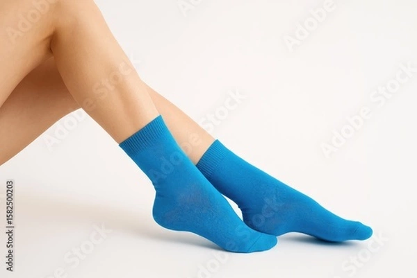 Fototapeta Close-up of a woman with blue socks against a white backdrop
