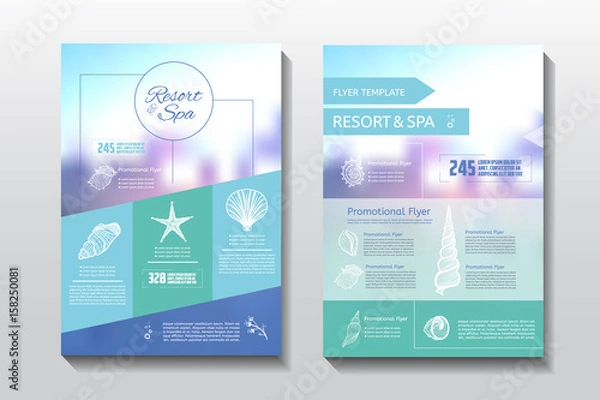 Fototapeta Resort and spa flyer. Spa wellness medical template. Vector brochure poster withe seashells. Vector illustration design.