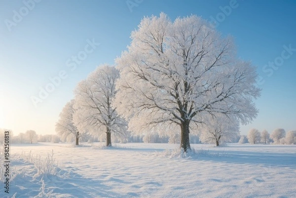 Fototapeta Chilly Morning Scene with Frosted Oak Trees in Winter