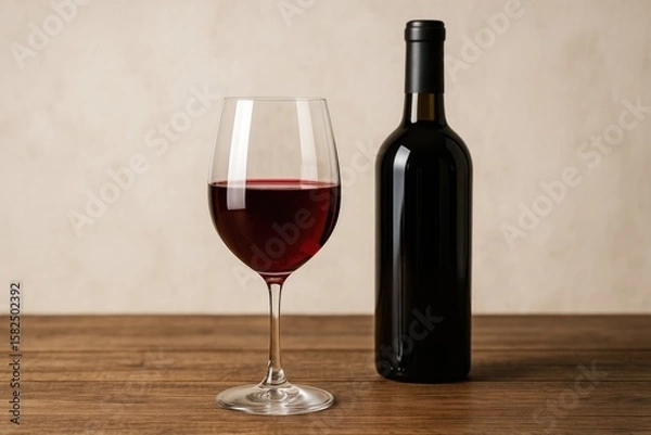 Fototapeta A glass of wine with a bottle in the backdrop