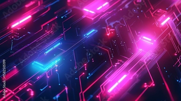 Obraz Abstract Neon Circuit Board Design With Pink And Blue Lines