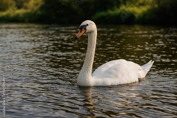Fototapeta Elegant white swan gliding through the water
