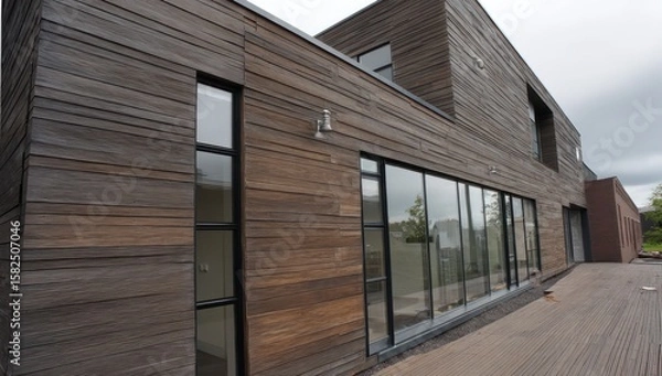 Fototapeta Installation of wood-texture composite cladding on a modern house, enhancing its exterior look.