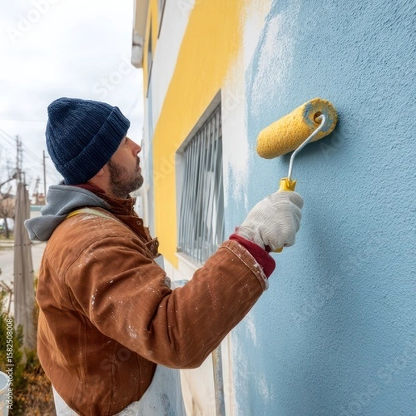 Fototapeta Exterior of a home being revitalized with a fresh coat of paint using a roller by a skilled worker.