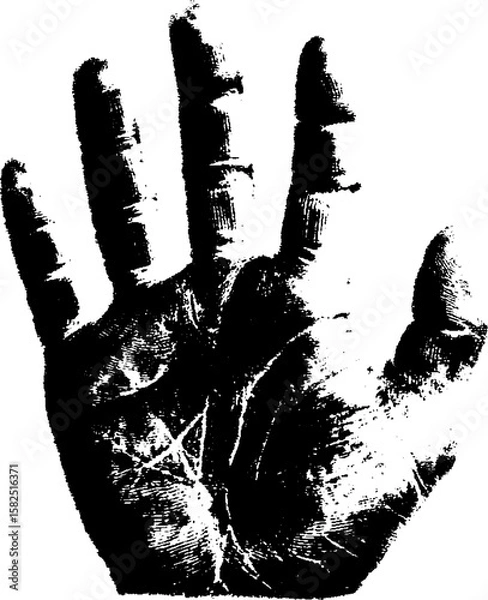 Fototapeta Hand palm print with detailed lines and texture. Black and white grunge style vector illustration.