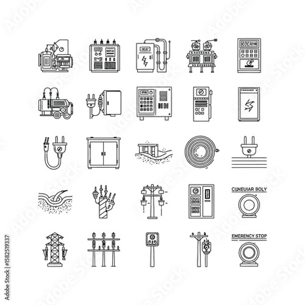 Fototapeta Electrical Power System Icons Generator Transformer Panel Plug Cable and more