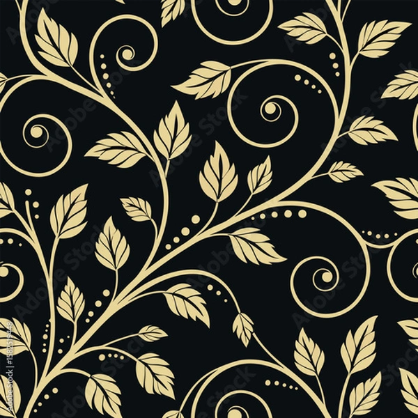 Fototapeta Elegant floral seamless pattern with gold leaves and spirals on black background