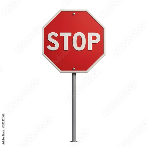 Fototapeta Red stop sign with white border on a white pole isolated on transparent background