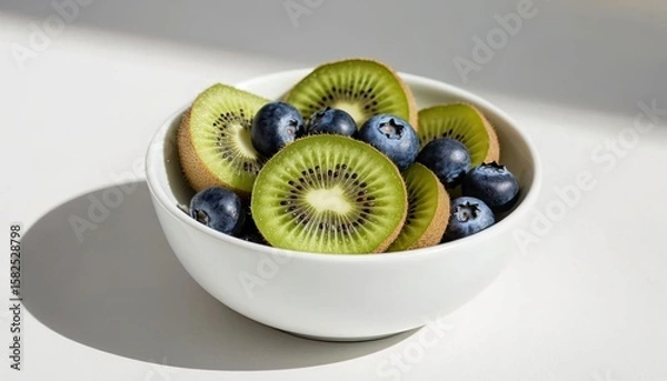 Fototapeta A white bowl contains sliced green kiwis and fresh blueberries. The background is bright and minimalistic