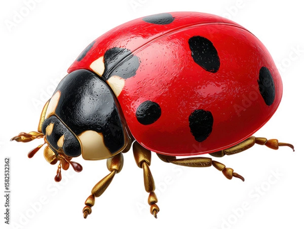 Fototapeta Ladybug's Exquisite Beauty: Captivating macro shot revealing a ladybug with vibrant red shell and dark spots, showcasing its intricate features in an appealing, clean presentation.