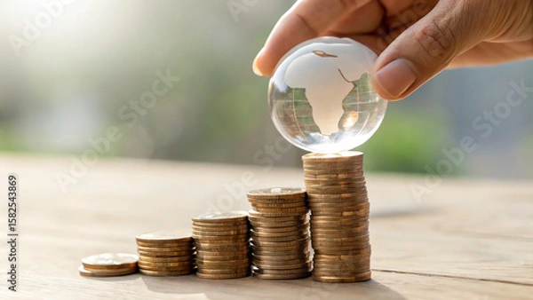 Fototapeta Climate Economic Risk A hand places a glass globe on a stack of coins, symbolizing investment and global finance.