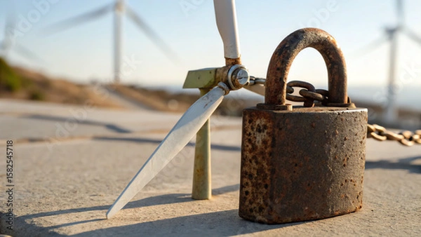 Fototapeta Climate Economic Risk A padlock secured to a chain, with scissors nearby, set against a backdrop of wind turbines.