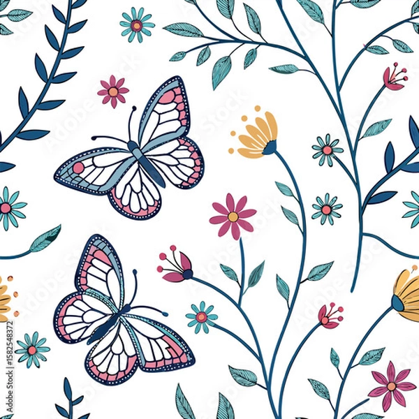 Fototapeta Seamless floral butterfly pattern with colorful flowers and leaves on white background