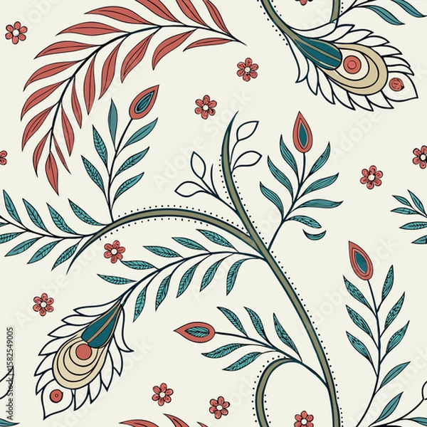 Fototapeta Seamless floral pattern with stylized leaves and flowers in a decorative artistic style