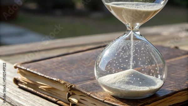 Fototapeta Climate Economic Risk An hourglass on a vintage book rests on a wooden surface, symbolizing the passage of time.