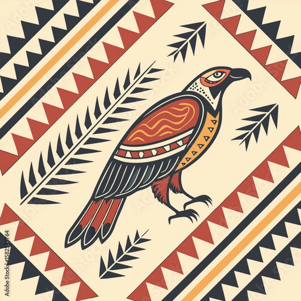 Fototapeta Stylized eagle design with geometric patterns in earthy color palette for cultural illustrations