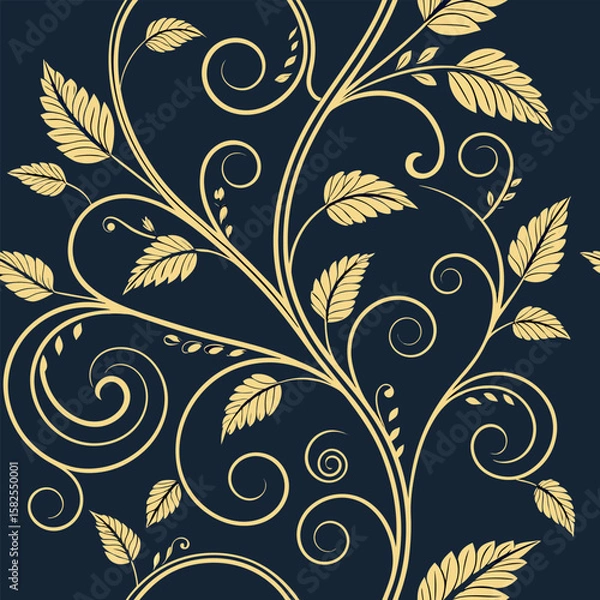Fototapeta Stylized gold vine spiral motif seamless pattern on a deep black background