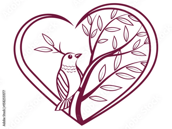 Fototapeta Elegant bird and tree in heart shape design with transparency for design projects