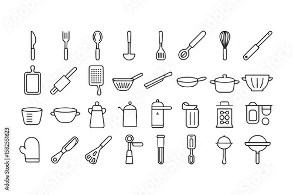 Fototapeta Set of kitchen utensils and cooking tools icons line art vector design