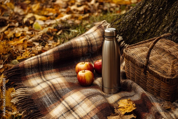 Fototapeta Scene of cozy plaid blanket on forest floor with thermos, apples, and rustic basket, golden leaves around