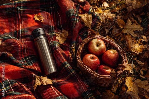 Fototapeta Scene of cozy plaid blanket on forest floor with thermos, apples, and rustic basket, golden leaves around