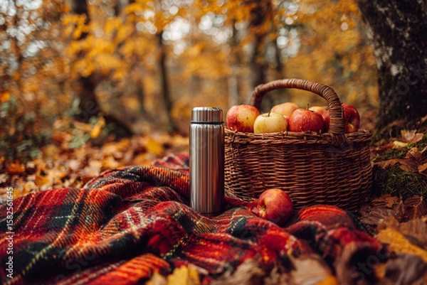 Fototapeta Scene of cozy plaid blanket on forest floor with thermos, apples, and rustic basket, golden leaves around