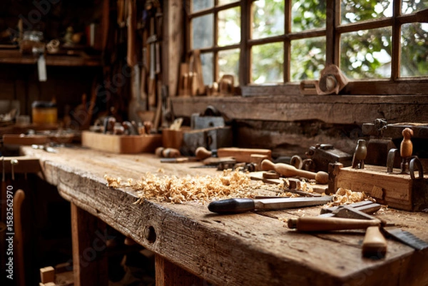 Fototapeta Side view of old craftsman’s workbench with leather tools, clamps, and wood shavings, natural daylight from window